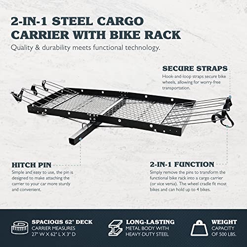 Load image into Gallery viewer, Tow Tuff 62 Inch 500 Pound Capacity Steel Cargo Carrier Trailer Car or Truck Rear Bumper Bike Rack, Fits All 2 Inch Receivers, Black
