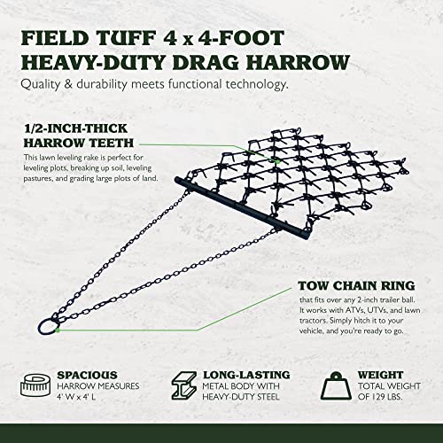 Field Tuff HDHA-44 Heavy-Duty Drag Harrow, 4' x 4' -for ATV, UTVs, Lawn Tractors-7 Rows of Tines, 1/2