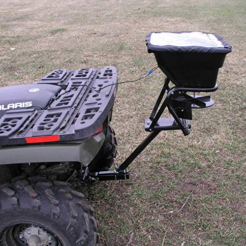 Load image into Gallery viewer, Field Tuff 12V 80 Pound Capacity Grass Seed Fertilizer Spreader with Hitch Mount Receiver and Rain Protector for ATV, UTV, or Utility Tractor
